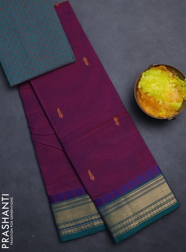 Chettinad cotton saree dual shade of maroon and peacock green with thread woven buttas and zari woven border