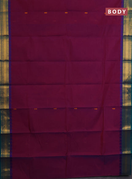 Chettinad cotton saree dual shade of maroon and peacock green with thread woven buttas and zari woven border