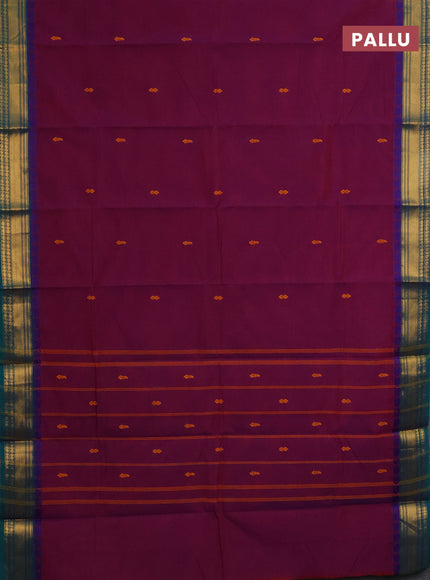 Chettinad cotton saree dual shade of maroon and peacock green with thread woven buttas and zari woven border
