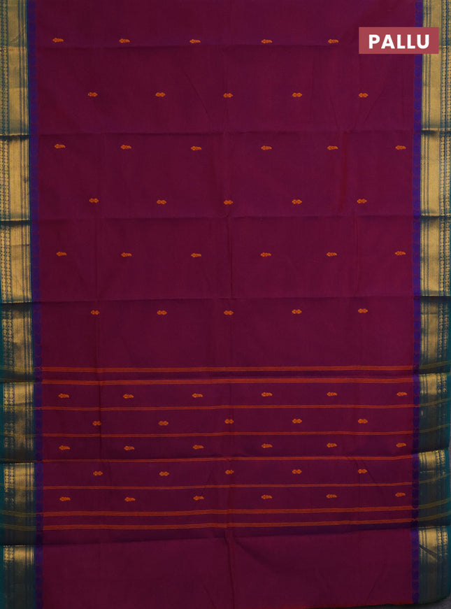 Chettinad cotton saree dual shade of maroon and peacock green with thread woven buttas and zari woven border
