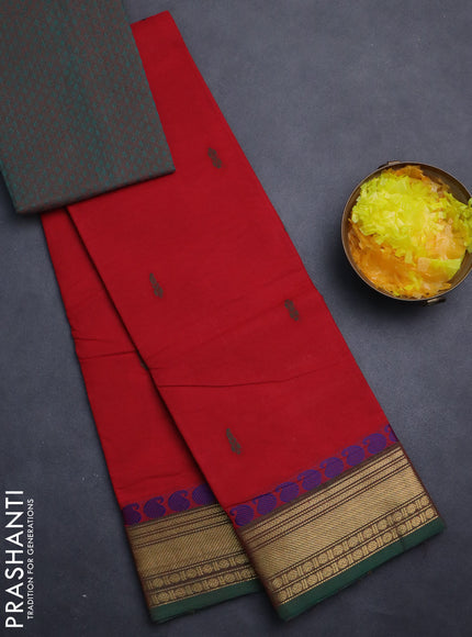 Chettinad cotton saree red and green with thread woven buttas and zari woven border