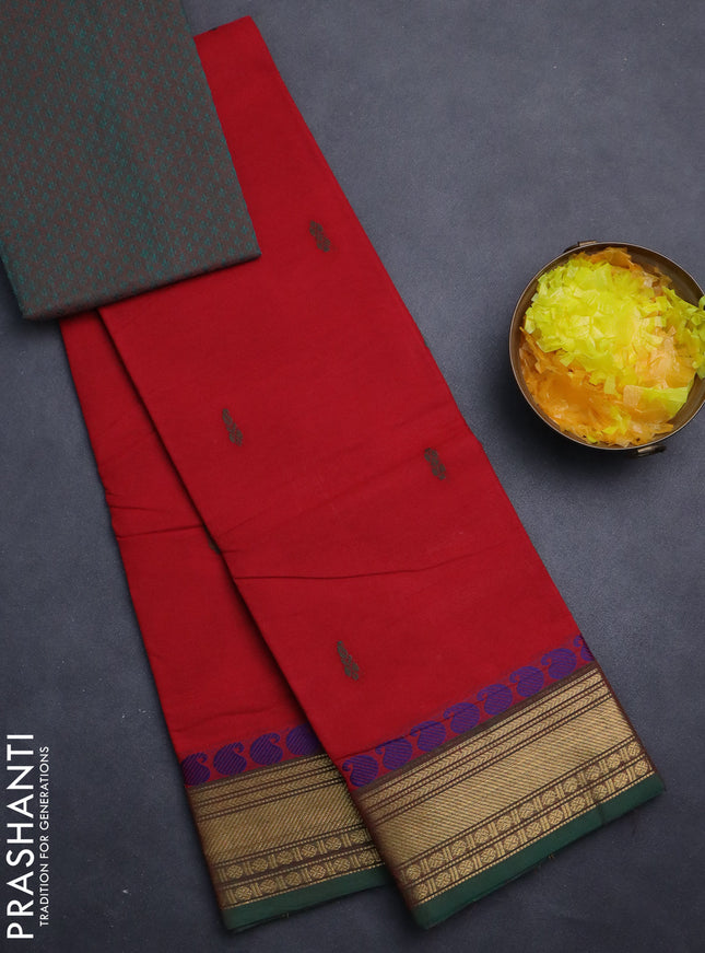 Chettinad cotton saree red and green with thread woven buttas and zari woven border