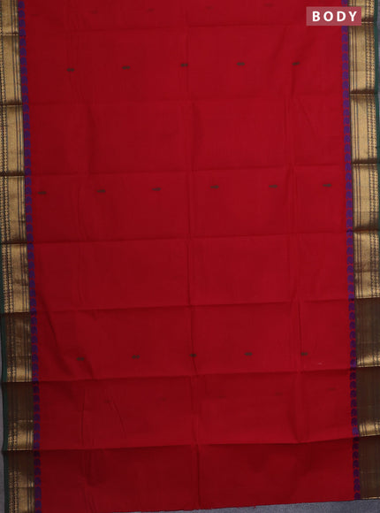 Chettinad cotton saree red and green with thread woven buttas and zari woven border