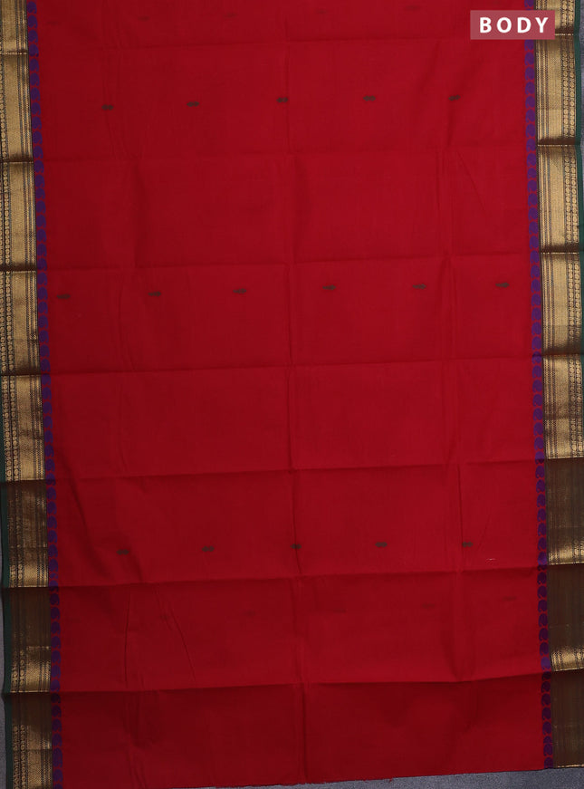 Chettinad cotton saree red and green with thread woven buttas and zari woven border