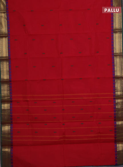 Chettinad cotton saree red and green with thread woven buttas and zari woven border