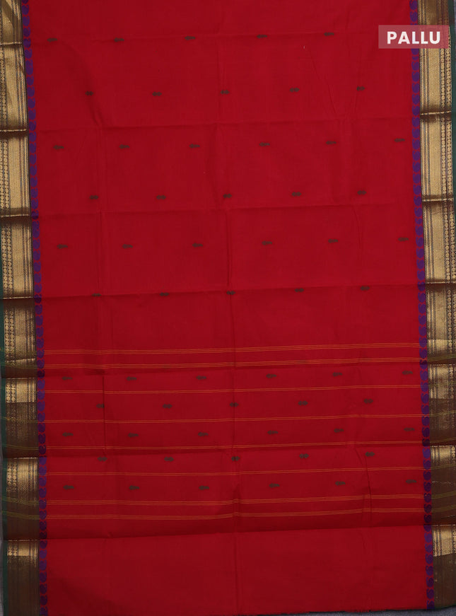 Chettinad cotton saree red and green with thread woven buttas and zari woven border