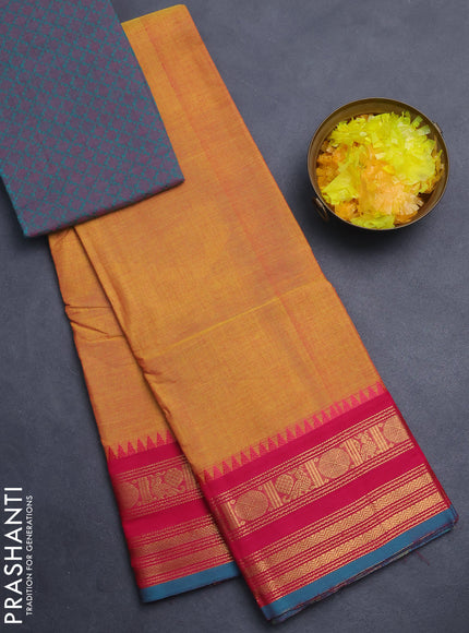 Chettinad cotton saree dual shade of mustard yellow and dual shade of teal green with plain body and zari woven border