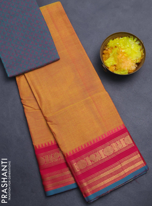 Chettinad cotton saree dual shade of mustard yellow and dual shade of teal green with plain body and zari woven border