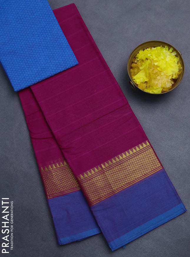 Chettinad cotton saree magenta pink and cs blue with allover stripe pattern and zari woven simple border