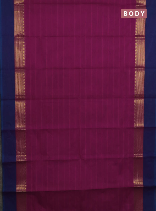 Chettinad cotton saree magenta pink and cs blue with allover stripe pattern and zari woven simple border