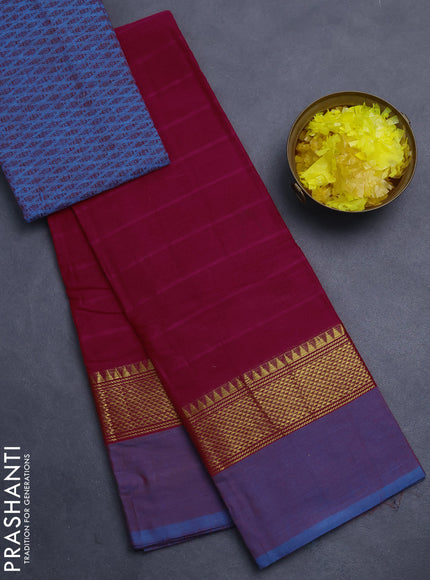 Chettinad cotton saree pink and dual shade of blue with allover stripe pattern and zari woven simple border