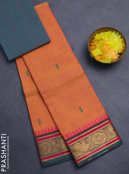 Chettinad cotton saree dual shade of yellowish pink and green with thread woven buttas and zari woven border