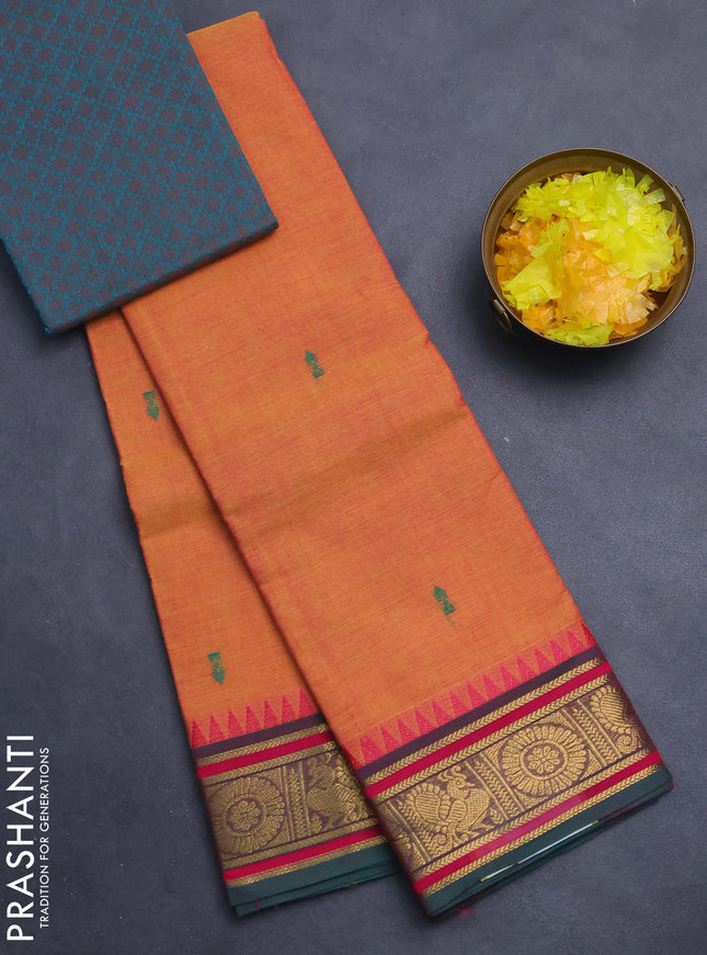 Chettinad cotton saree dual shade of yellowish pink and green with thread woven buttas and zari woven border