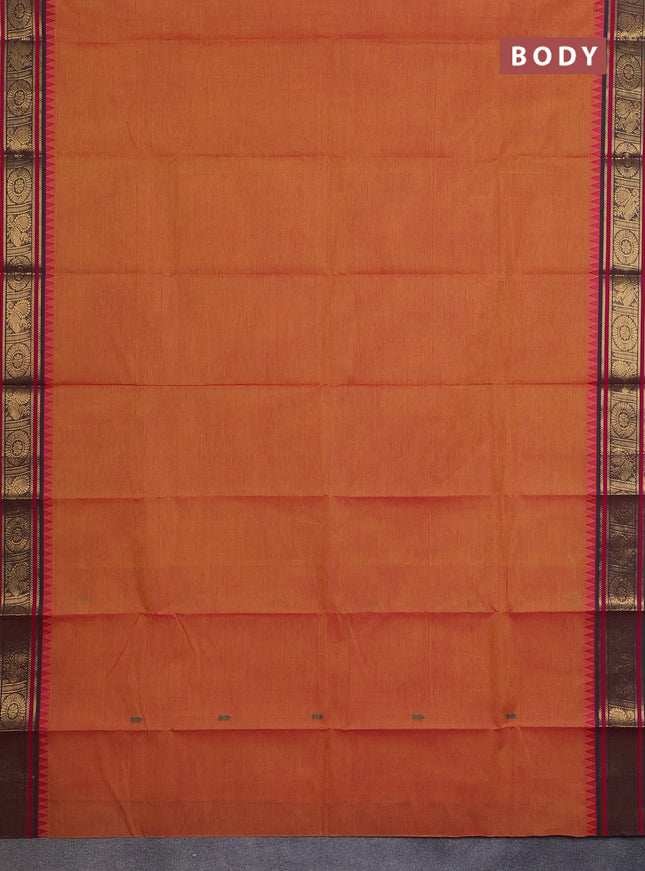 Chettinad cotton saree dual shade of yellowish pink and green with thread woven buttas and zari woven border