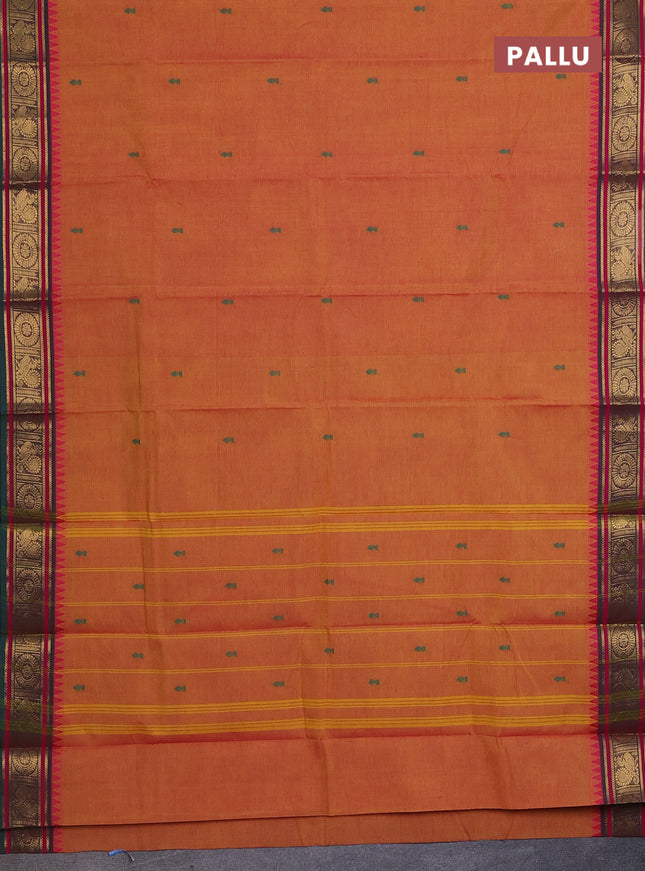 Chettinad cotton saree dual shade of yellowish pink and green with thread woven buttas and zari woven border