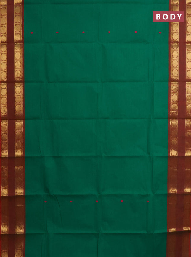 Chettinad cotton saree green and dual shade of maroon with thread woven buttas and rettapet zari woven border