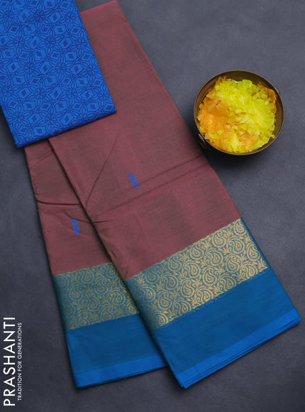 Chettinad cotton saree mauve pink shade and blue with thread woven buttas and zari woven simple border