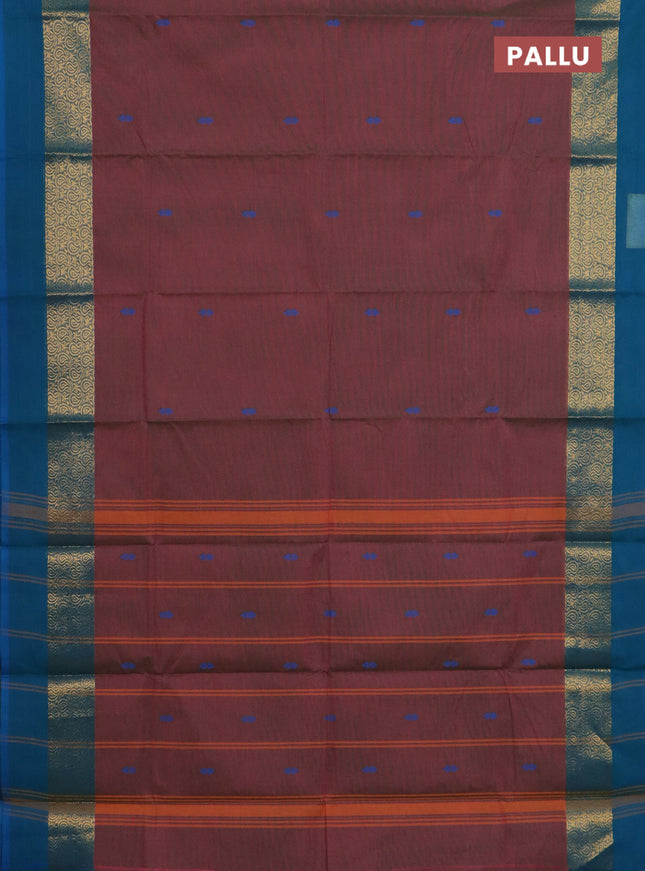 Chettinad cotton saree mauve pink shade and blue with thread woven buttas and zari woven simple border