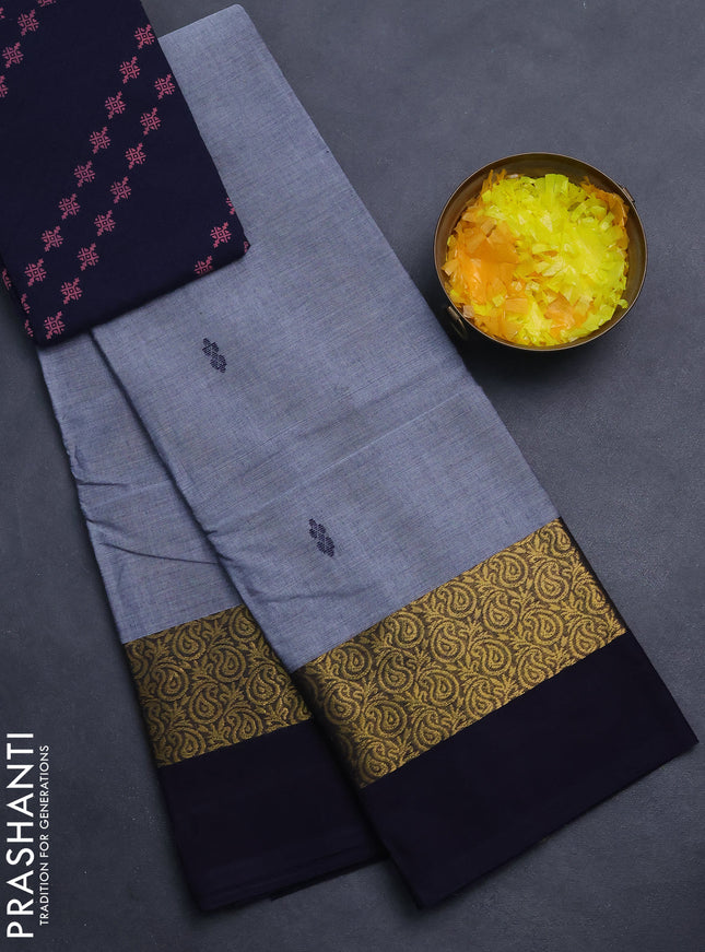 Chettinad cotton saree grey and navy blue with thread woven buttas and zari woven simple border