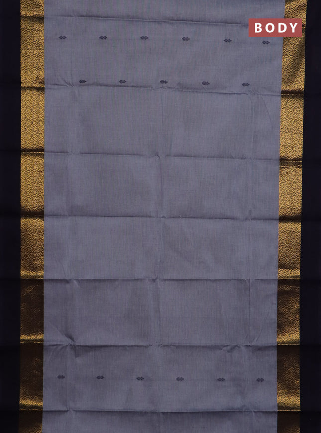 Chettinad cotton saree grey and navy blue with thread woven buttas and zari woven simple border