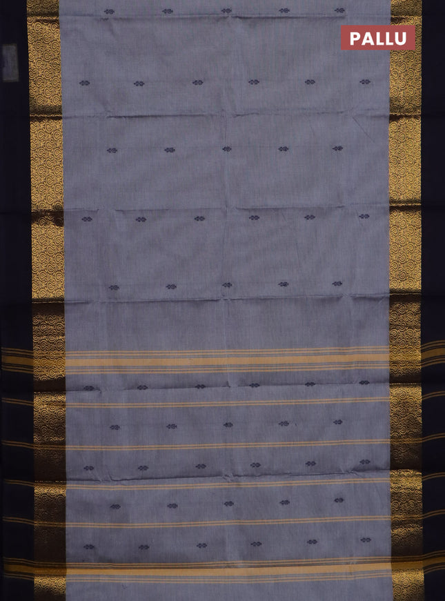 Chettinad cotton saree grey and navy blue with thread woven buttas and zari woven simple border
