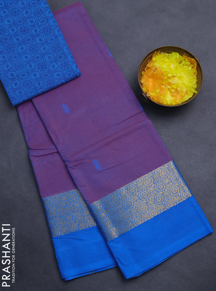 Chettinad cotton saree purple and blue with thread woven buttas and zari woven simple border