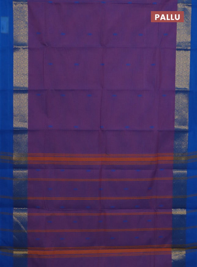 Chettinad cotton saree purple and blue with thread woven buttas and zari woven simple border