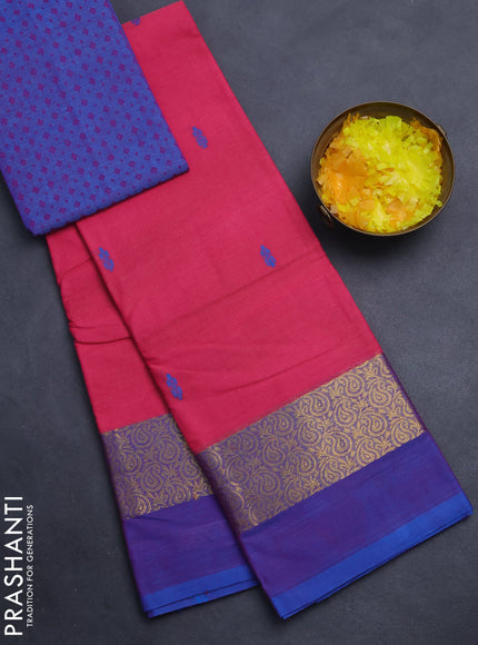 Chettinad cotton saree pink and blue with thread woven buttas and zari woven simple border