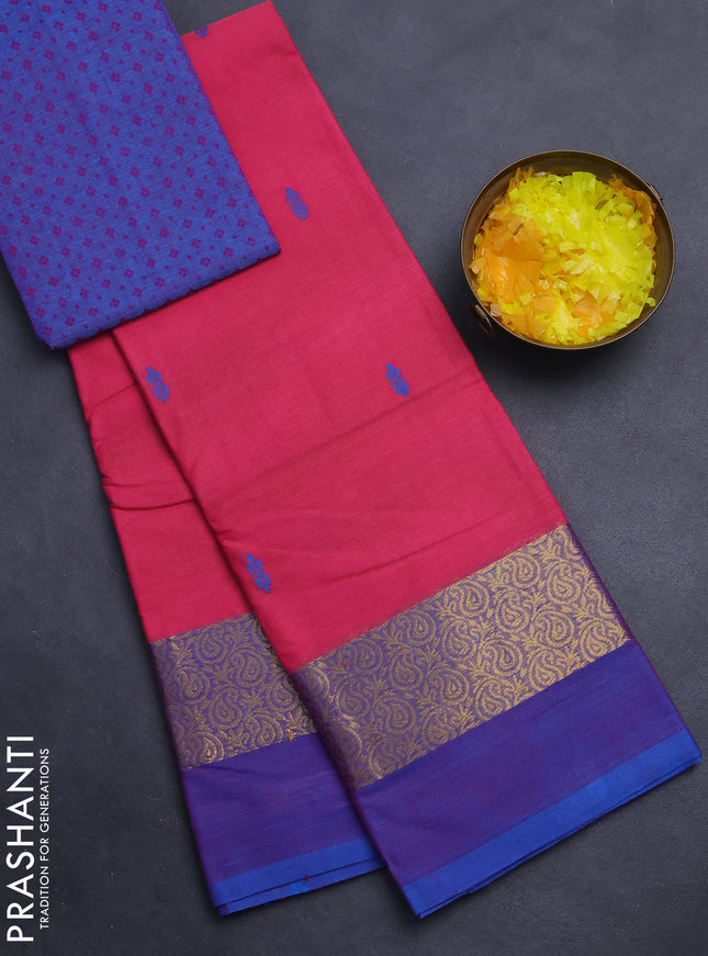 Chettinad cotton saree pink and blue with thread woven buttas and zari woven simple border