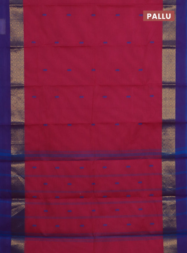 Chettinad cotton saree pink and blue with thread woven buttas and zari woven simple border