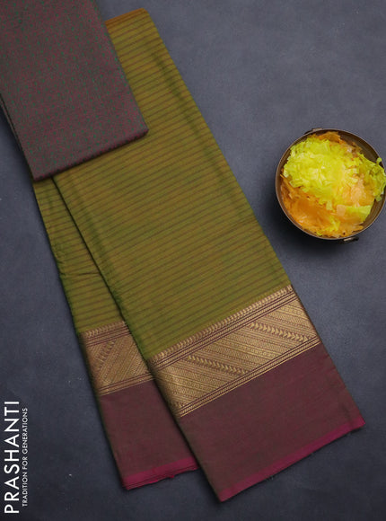 Chettinad cotton saree mustard green and dual shade of dark pink with allover stripe pattern and zari woven simple border