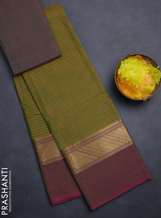 Chettinad cotton saree mustard green and dual shade of dark pink with allover stripe pattern and zari woven simple border