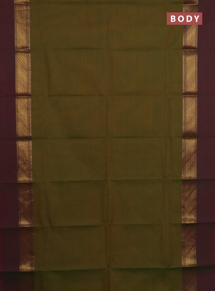 Chettinad cotton saree mustard green and dual shade of dark pink with allover stripe pattern and zari woven simple border