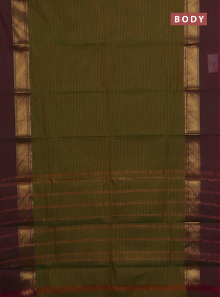Chettinad cotton saree mustard green and dual shade of dark pink with allover stripe pattern and zari woven simple border