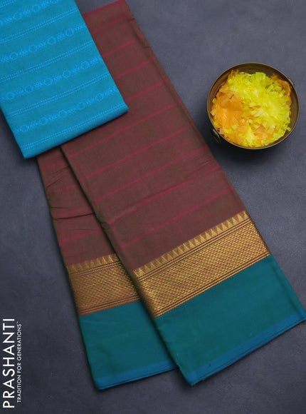 Chettinad cotton saree dual shade of maroon and teal green with allover stripe pattern and ganga jamuna border