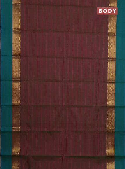Chettinad cotton saree dual shade of maroon and teal green with allover stripe pattern and ganga jamuna border