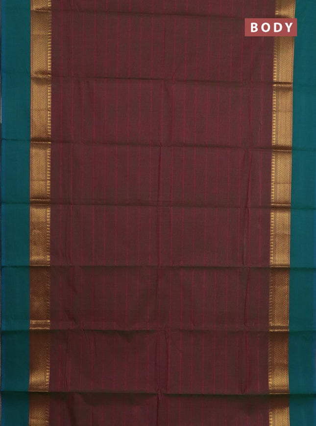 Chettinad cotton saree dual shade of maroon and teal green with allover stripe pattern and ganga jamuna border
