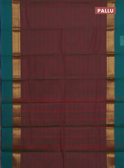 Chettinad cotton saree dual shade of maroon and teal green with allover stripe pattern and ganga jamuna border