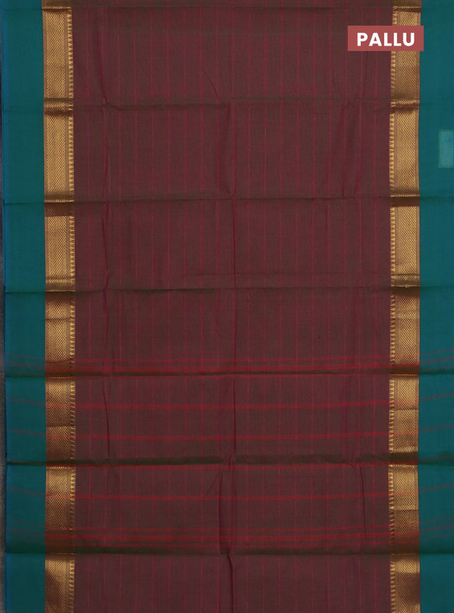 Chettinad cotton saree dual shade of maroon and teal green with allover stripe pattern and ganga jamuna border