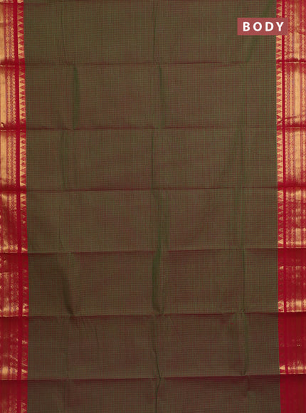 Chettinad cotton saree manthulir green and red with allover checked pattern and zari woven border