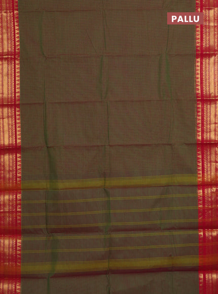 Chettinad cotton saree manthulir green and red with allover checked pattern and zari woven border