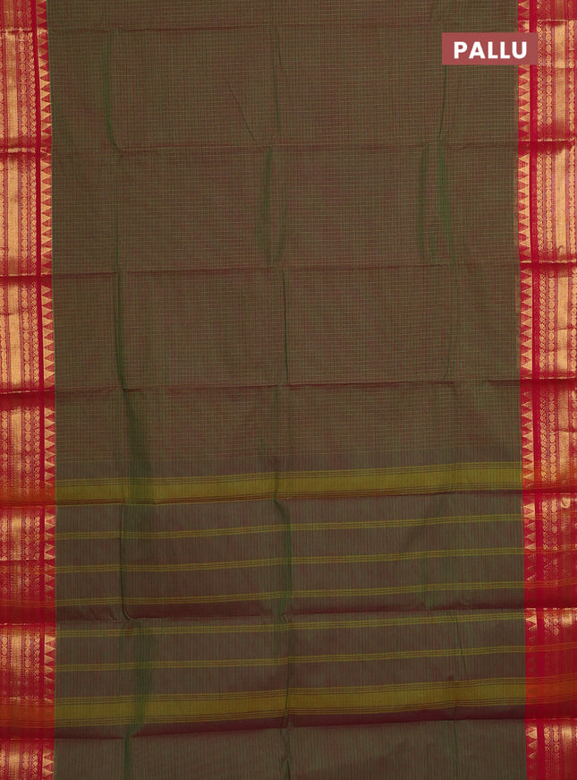 Chettinad cotton saree manthulir green and red with allover checked pattern and zari woven border