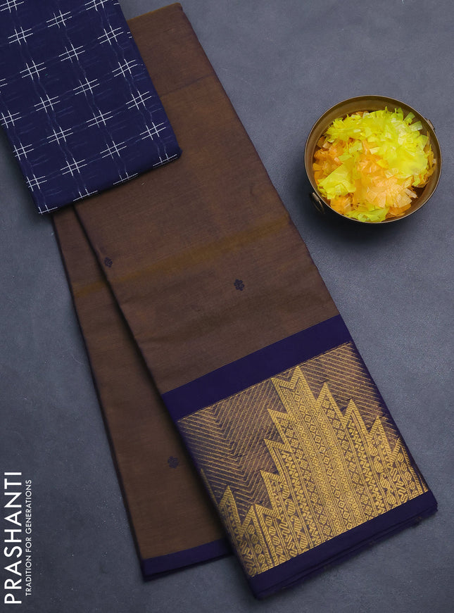 Chettinad cotton saree dual shade of dark mustard and navy blue with thread woven buttas and temple design zari woven border