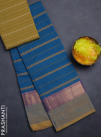 Chettinad cotton saree blue and dual shade of mustard with allover thread weaves and zari woven simple border