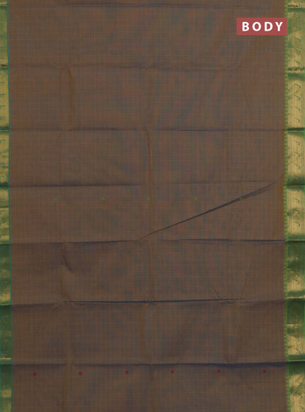 Chettinad cotton saree dual shade of bluish mustard and green with allover checks & buttas and zari woven muniya style border