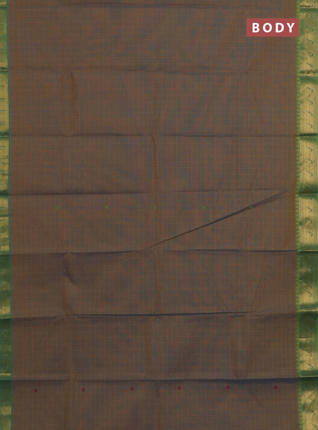 Chettinad cotton saree dual shade of bluish mustard and green with allover checks & buttas and zari woven muniya style border