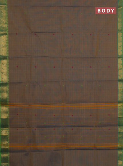 Chettinad cotton saree dual shade of bluish mustard and green with allover checks & buttas and zari woven muniya style border