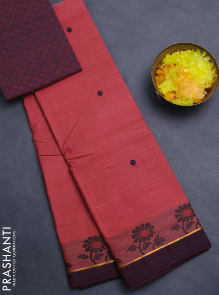 Chettinad cotton saree dark peach and deep maroon with thread woven buttas and thread woven border