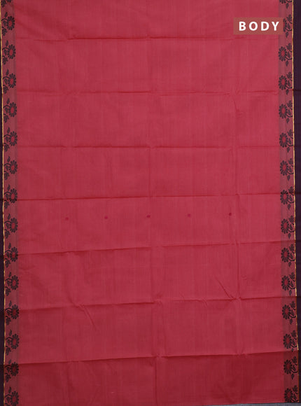 Chettinad cotton saree dark peach and deep maroon with thread woven buttas and thread woven border