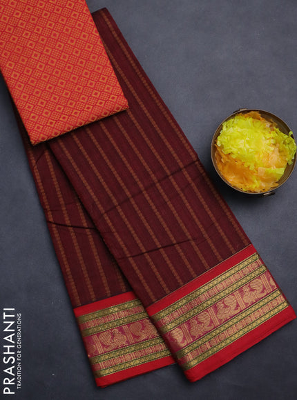 Chettinad cotton saree deep maroon and red with allover thread weaves and zari woven border
